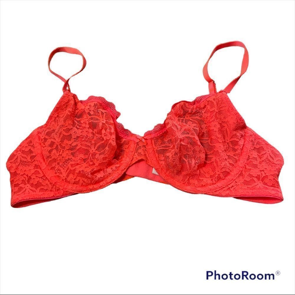 Aerie Lace Bralette Neon Orange Coral Size 34C Underwire Adjustable Straps